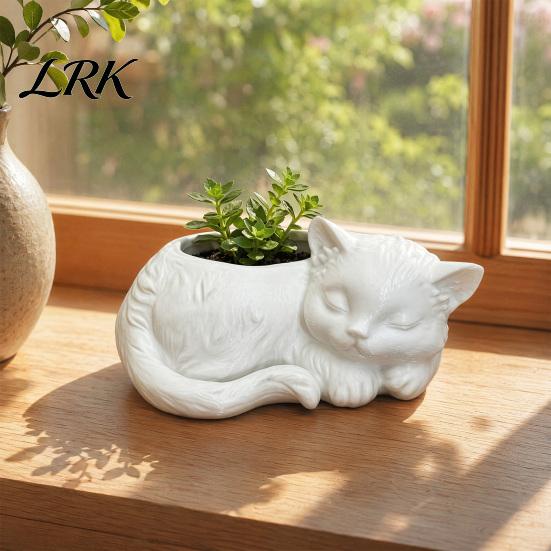 Matte White Ceramic Vase 3D Printed Sleeping Cat Flowerpot, Mini Desktop Planter, Succulents Container Decorative Plant Holder for Small Green Plants