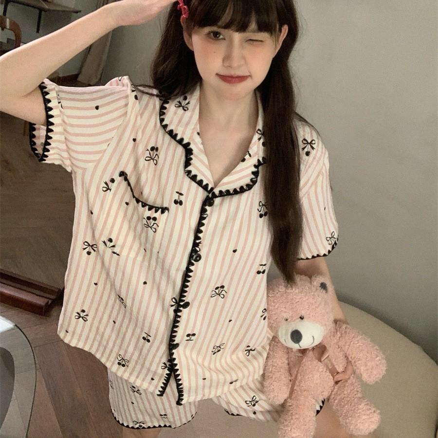 Internet celebrity girl shell lace vermicelli cherry pajamas summer short sleeved shorts two-piece girl loungewear
