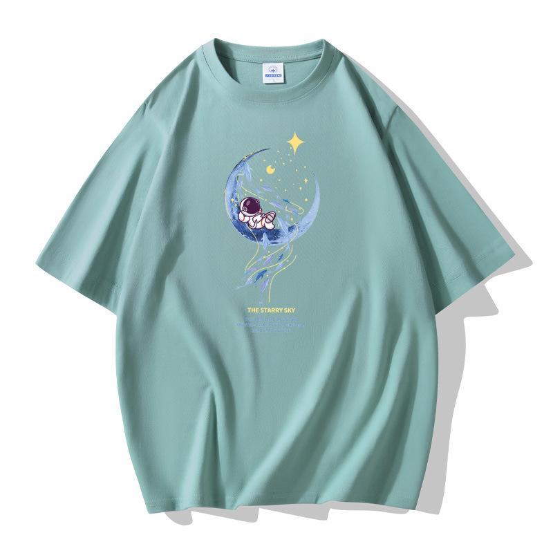 Moon Astronaut Pattern Men's Short Sleeves Cotton T-shirt Large Size Loose Tee