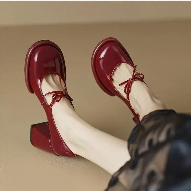 Red Heels Women 2024 Spring New Round Toe Women's Pumps Comfortable Chunky Heel Mary Jane Shoes Simple Elegant Lady Formal Shoes