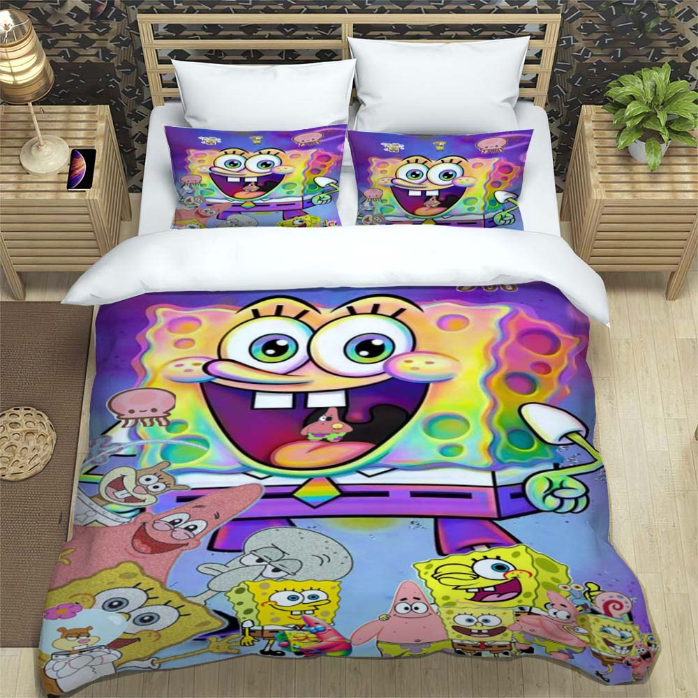 3D Sponge Bob Square Pants Printed Bedding Set, Cartoon Pattern Duvet Cover and Pillowcases, Single/Double Bed Sheet Sets,