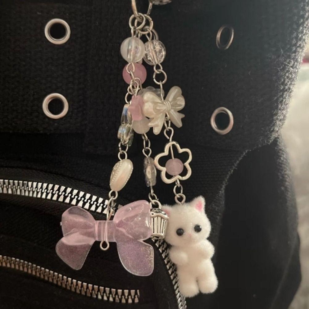 Cartoon Critters Persian Cat Pendant Bead String Car Keyring Soft Flocking Cat Keychain  Girl