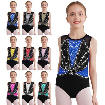 Girls Color Block Metallic Leotard Round Neck Sleeveless Crisscross Back Shiny Rhinestones Bodysuit Gymnastics Dance
