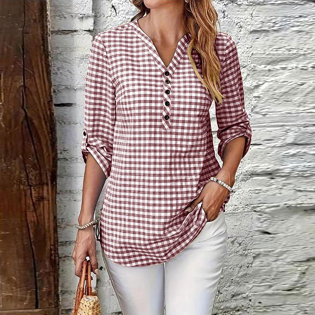 Women's Casual Plaid V Neck Long Sleeve Loose Fit Shirt Top