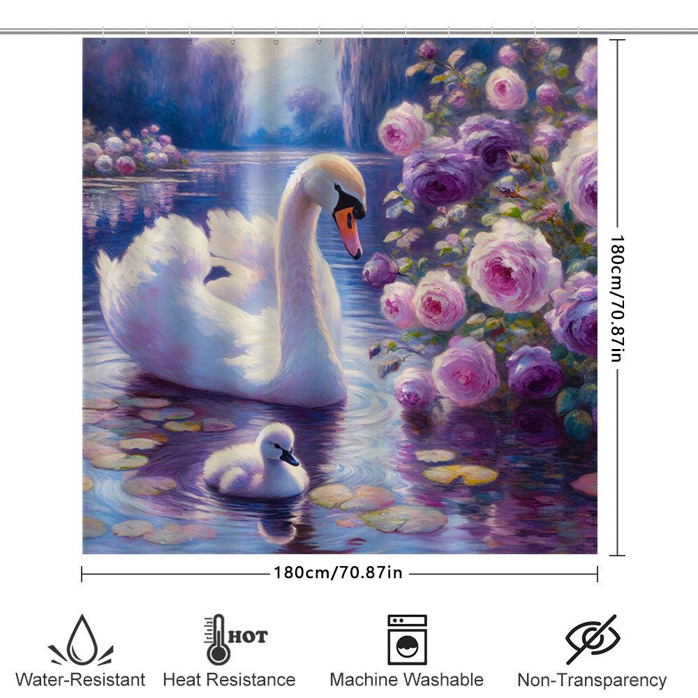 Swan Family Bath Shower Curtain Floral Design For Bathroom Decor Waterproof Fabric Printed In White Pink Purple Colors 180X245Cm