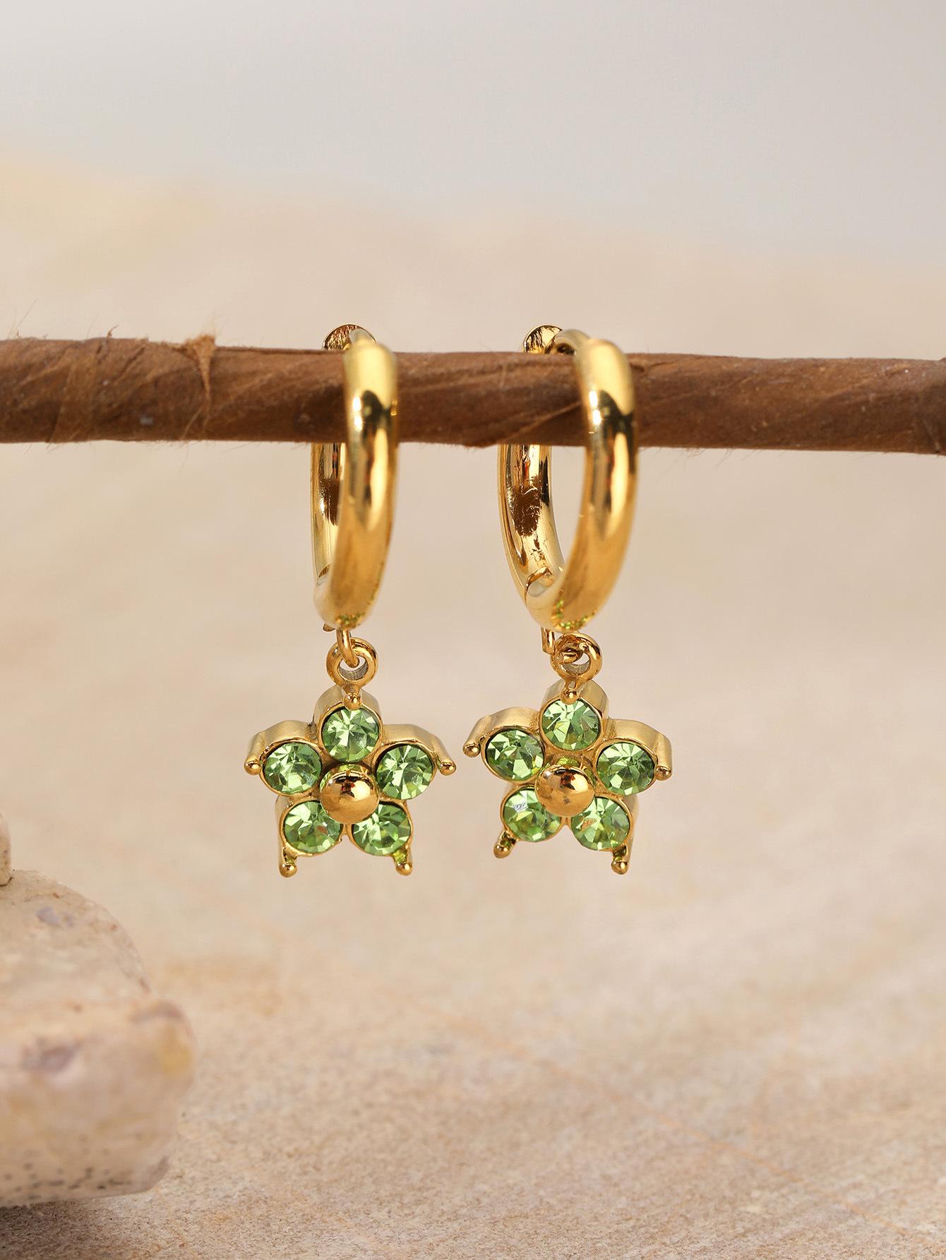 

December Birthstone Colorful Crystal Gold Round Earrings Women Simple Flower Design 18K може зелене забарвлення