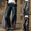 Women Retro High Waist Wide Leg Floral Print Long Loose Jeans Pants