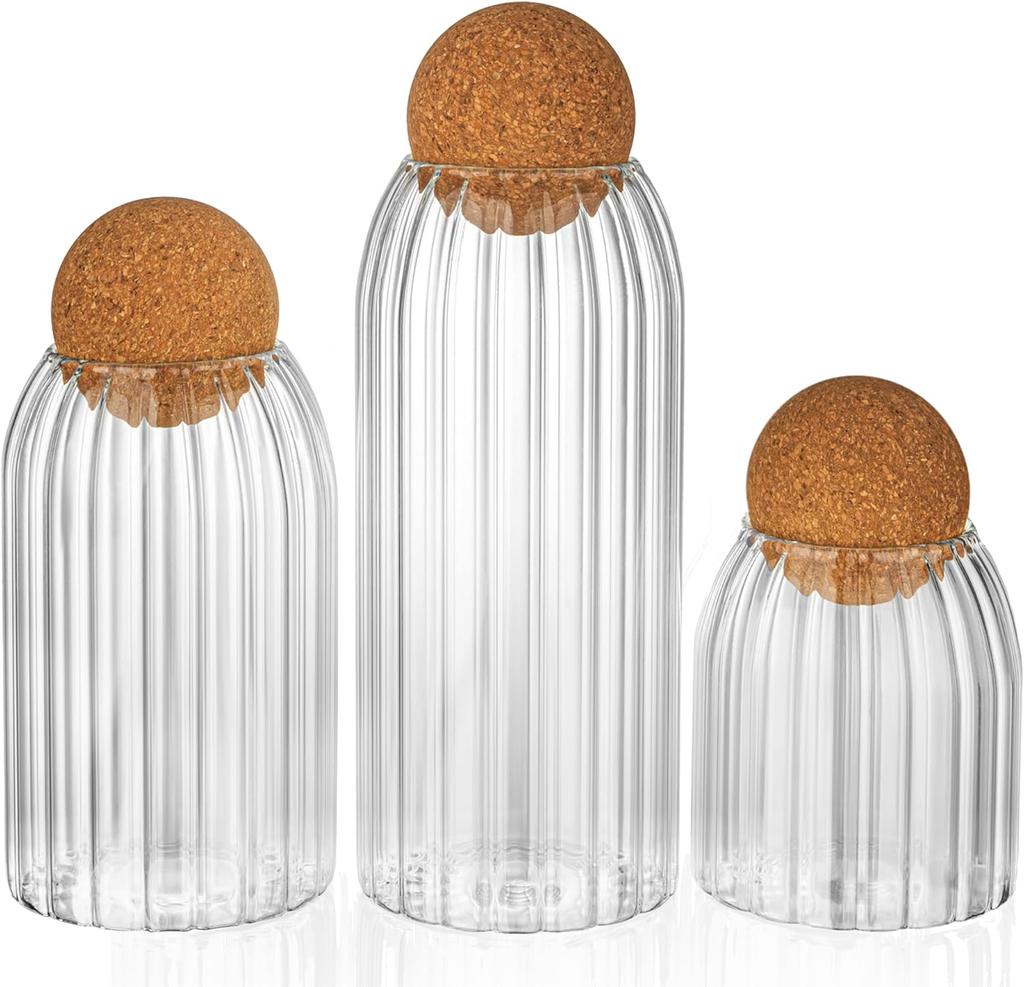3-Piece Glass Jar Set with Cork Lids, Airtight Round Containers for Coffee Beans & Nuts, Wooden Seal Canisters