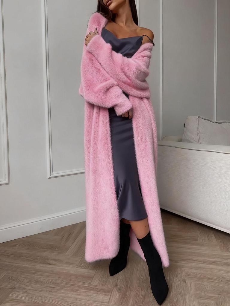 Cardigan lung de damă din blană artificială, cu deschidere în față, Palton de iarnă, Îmbrăcăminte exterioară moale, pufoasă și călduroasă, Jachetă elegantă