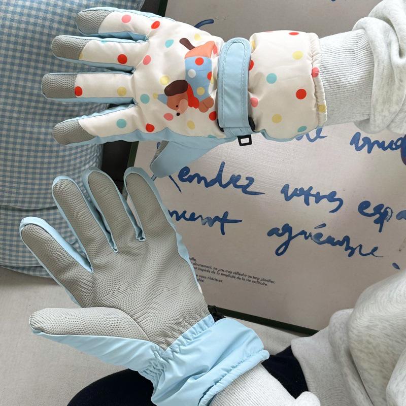 Kadın Kış Karikatür Köpekçik Kayak Eldivenleri: Dokunmatik Ekranlı, Rüzgar Geçirmez, Kadife Astarlı, Dış Mekan Sürüşü İçin Parmak Ayrık