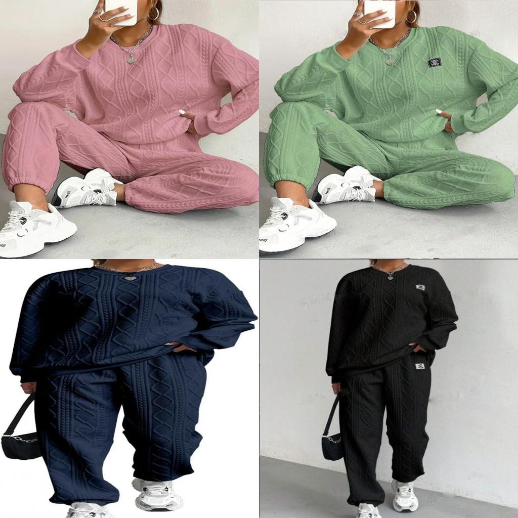 Autumn Winter Trendy Geometric Pattern Knit Pantsuit For Women Casual Lounge Wear