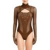 Damski kostium do łyżwiarstwa figurowego Wycięcie z przodu Przezroczysta siatka Patchwork Wysoki kołnierzyk Długi rękaw Strój kąpielowy z cyrkoniami