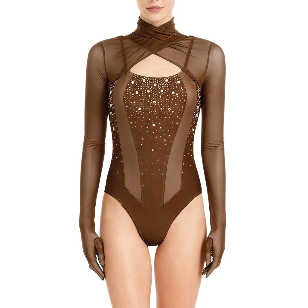 Damski kostium do łyżwiarstwa figurowego Wycięcie z przodu Przezroczysta siatka Patchwork Wysoki kołnierzyk Długi rękaw Strój kąpielowy z cyrkoniami