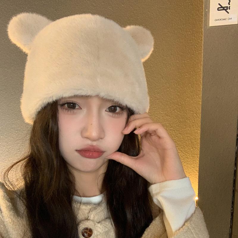 Korean Version of Autumn and Winter New Hat for Women Imitation Mink Bear Ears Fisherman Hat Solid Color Versatile Winter Plush Hat