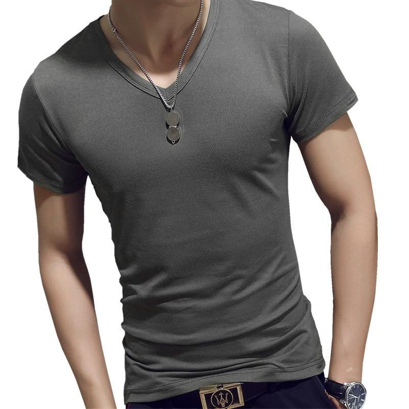 Летняя однотонная мужская футболка с коротким рукавом и V-образным вырезом 5XL 1200₽