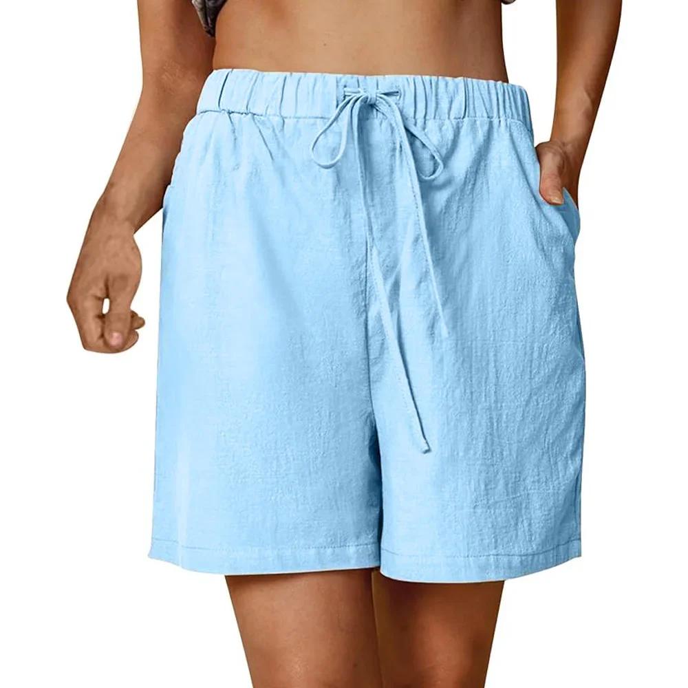 Damen Sommer Casual Shorts Kordelzug Einfarbig Baumwolle Leinen Kurze Hosen Weiblich Lose Gerade Jogging Outdoor Streetwear