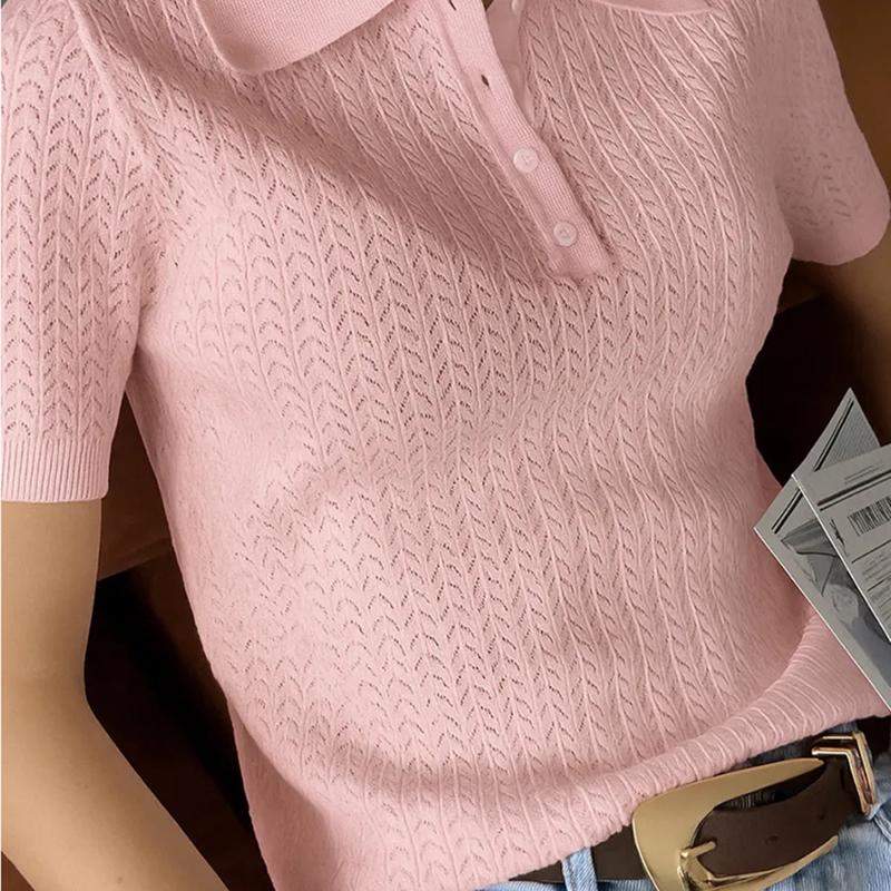 Knitted Sweater T shirt Women Tops 2026 Summer New Short Sleeve Polo Sweater Casual Loose Lapel Sweater Fashion Casual T shirt