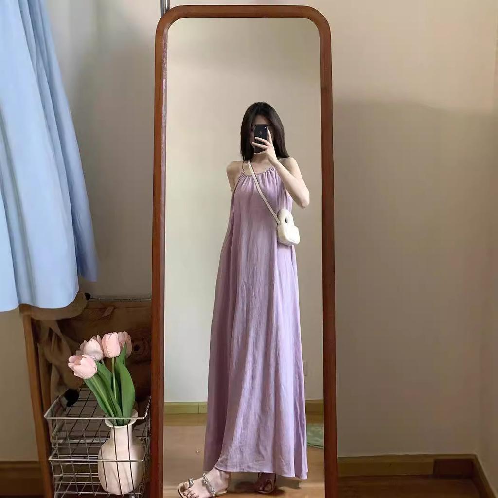 Purple Loose Suspender Dress Women's Summer New Vacation Gentle Long Dress Chic Sleeveless a Word Skirt