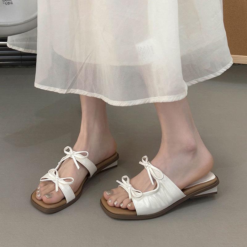 French bow slippers female summer wear fairy style fashion square head flat bottom with skirt beautiful beach one word sandals