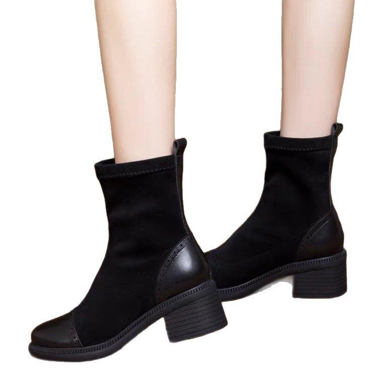 Frosted Soft Leather Elastic Thin Boots Women's 2025 Autumn and Winter New Velvet Short Boots Elastic Single Boots Women's Medium Tube Martin Boots