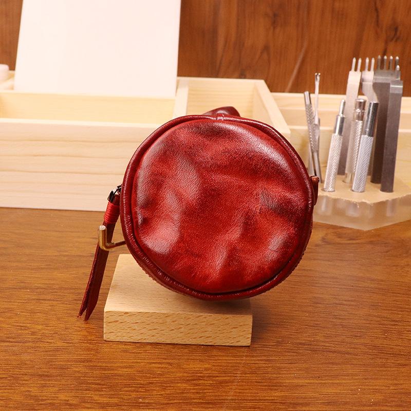 Vegetable Tanned Cowhide Coin Purse, Vintage Handmade Color Polishing, Vintage Round Personalized Coin Bag, Headphone Bag, Compact for Women