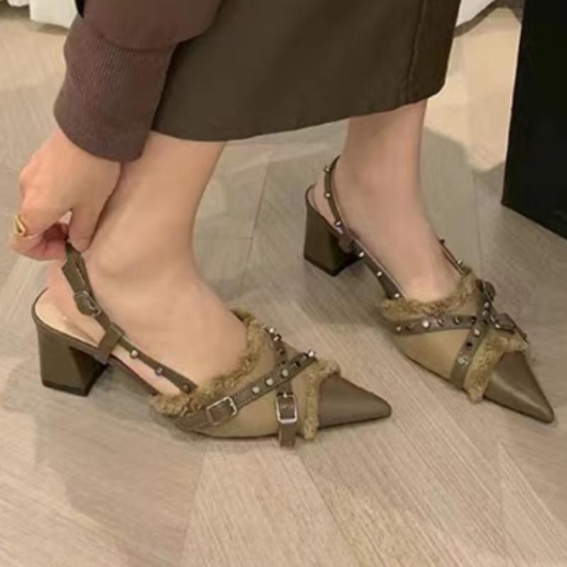 Fashion Fashion Buckle Strap Med Heel Sandals for Women 2024 New Hot Sale Pointed Toe Ladies Shoes Hoof Heels Shallow Pu Women's Sandals
