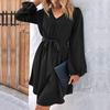 Women Spring Solid Color V Neck Long Sleeve Lace Up All Match Chic Dresses