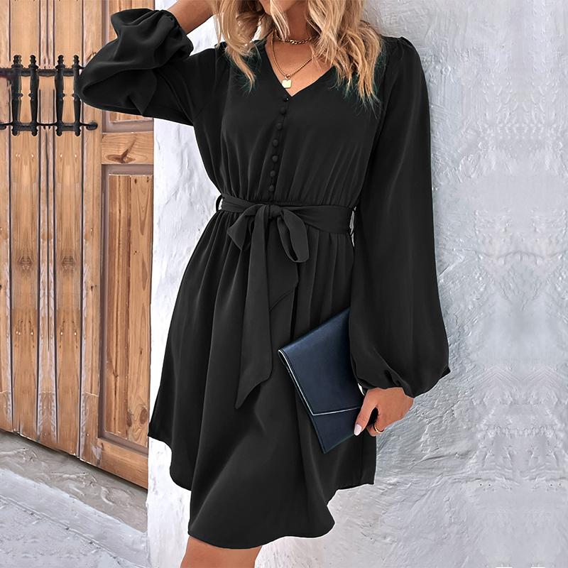 Women Spring Solid Color V Neck Long Sleeve Lace Up All Match Chic Dresses
