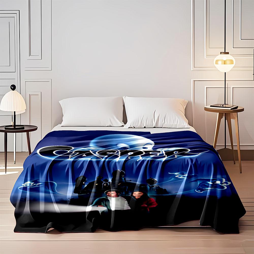 A Ghostly Figure Above a Mansion with Glowing Spirits and Two Humans. for All Seasons Blanket Lunch Break Throw Gift