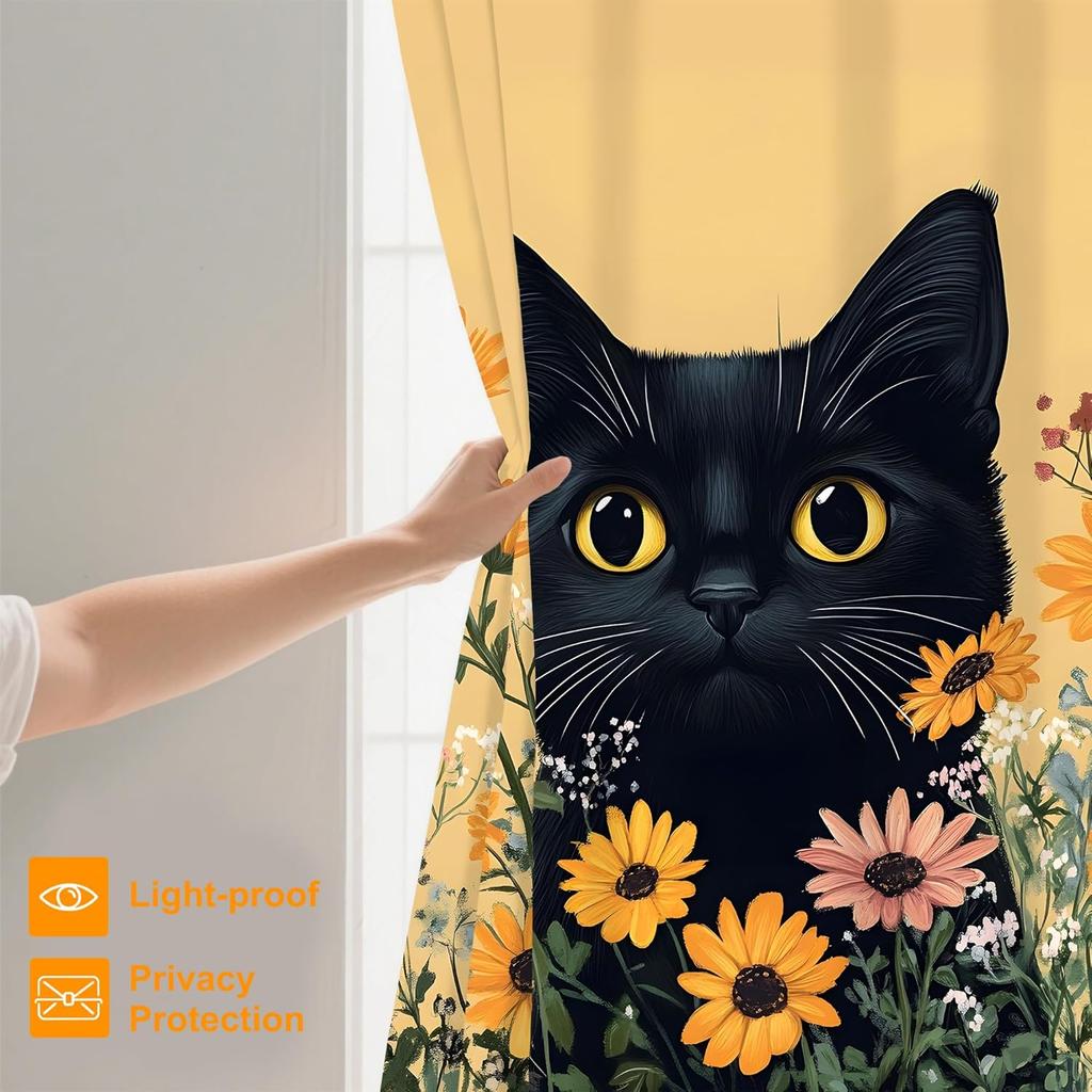 Black Cat with Flowers Shower Curtain,Bathroom Shower Curtains Bathtub Home Decor Waterproof Fabric Machine Washable with 12 Hoo