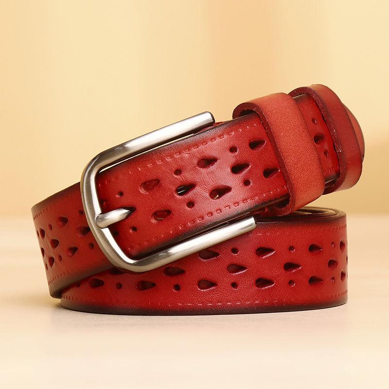 Belt Women'S Leather Premium No Punching Hollow High-End Decorative Belt First Layer Cowhide Pants Personalized Skirt