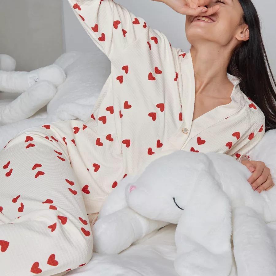 Jesienno-zimowy ciepły 2-częściowy zestaw piżam dla kobiet Bielizna nocna Love Printed Long-Sleeve Shirt i długie spodnie Zestaw Loungewear