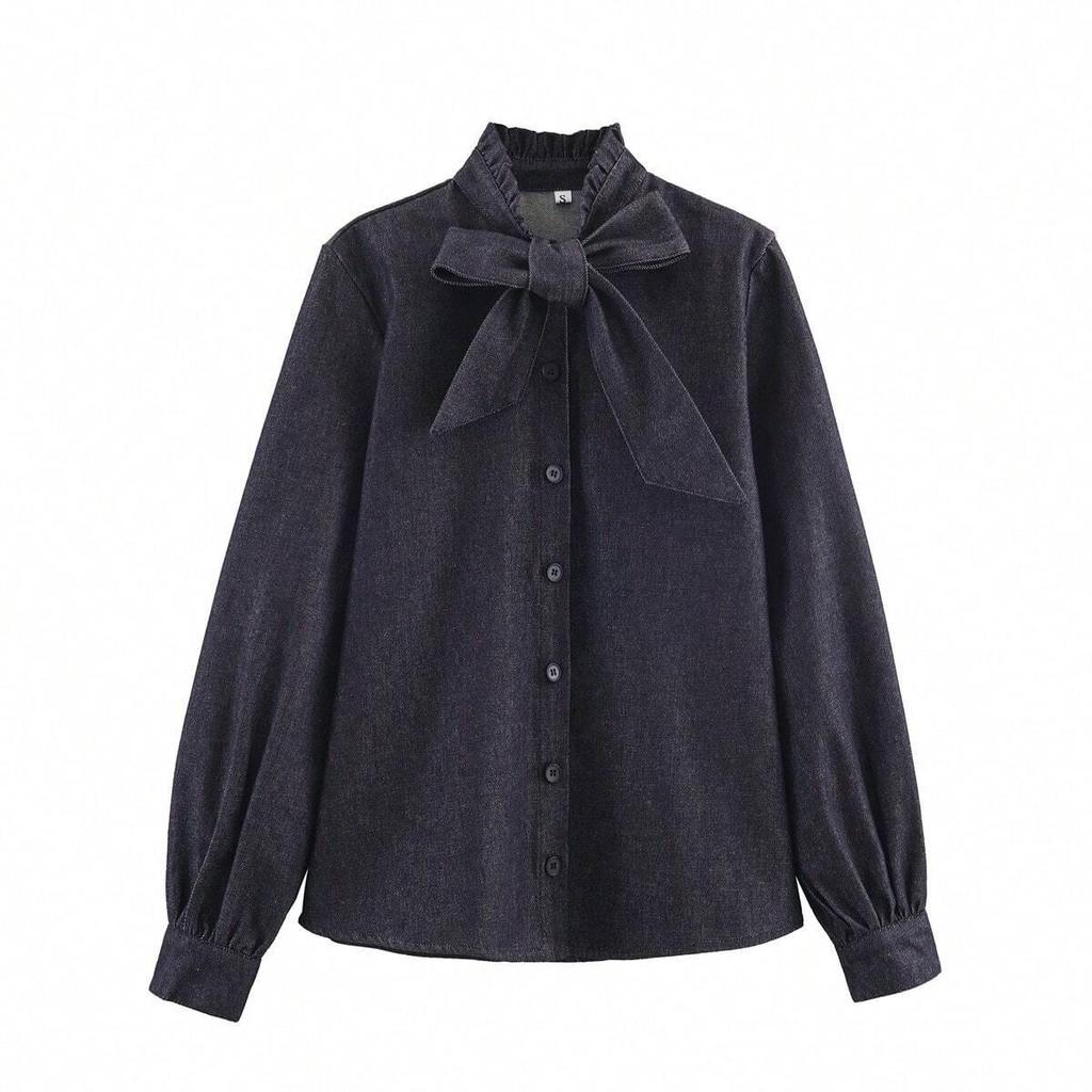 Women's Versatile Bow-Accent Long Sleeve Denim Shirt