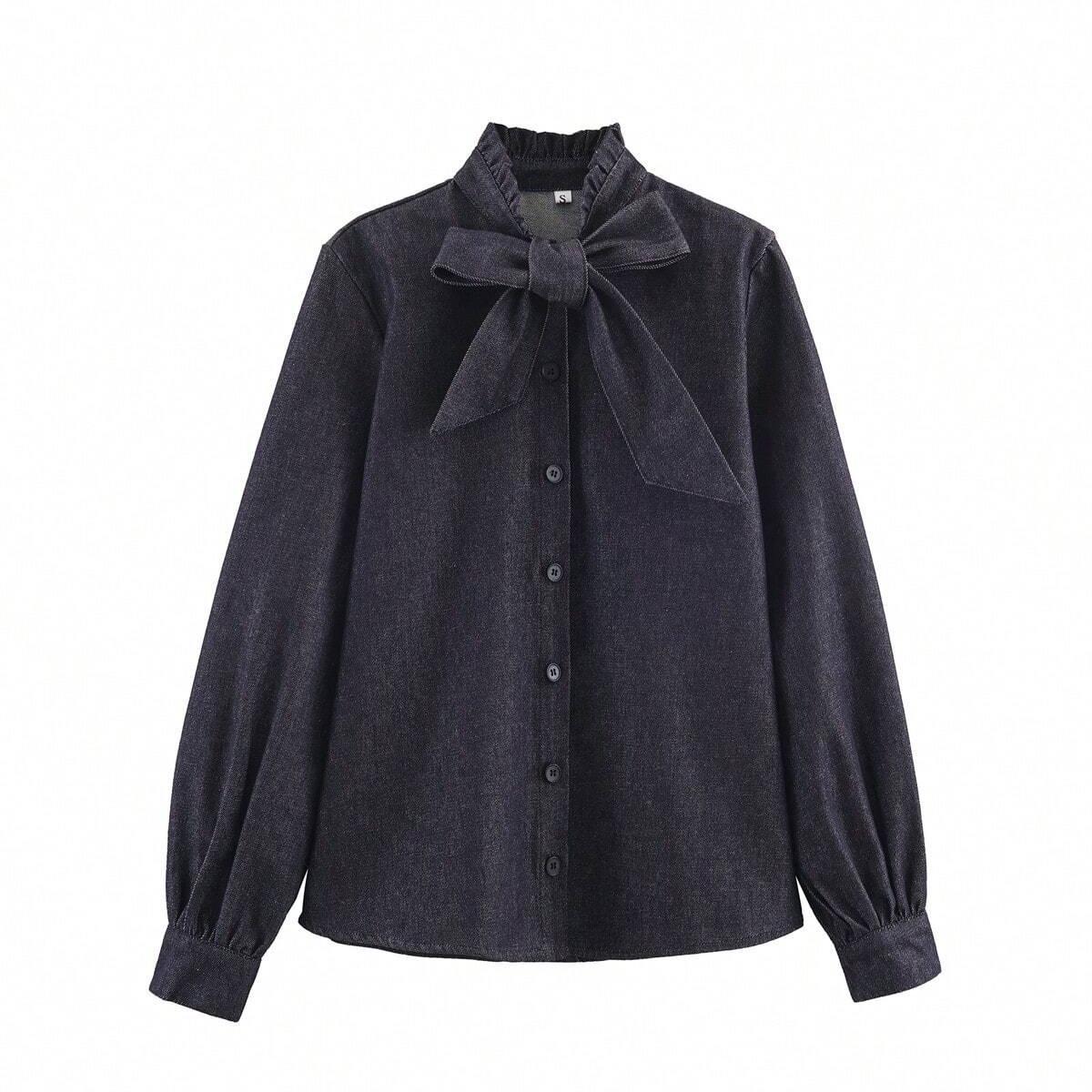 

Women s Versatile Bow-Accent Long Sleeve Denim Shirt L