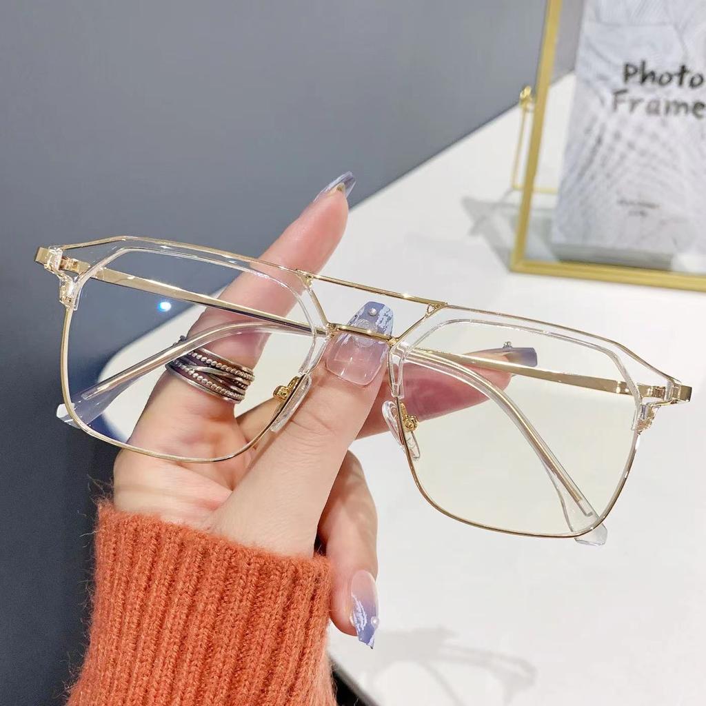 Metal Flat Mirror New Men's Double-beam Anti-blue Glasses Frame Tide Retro Personalized Color-changing Myopia Glasses