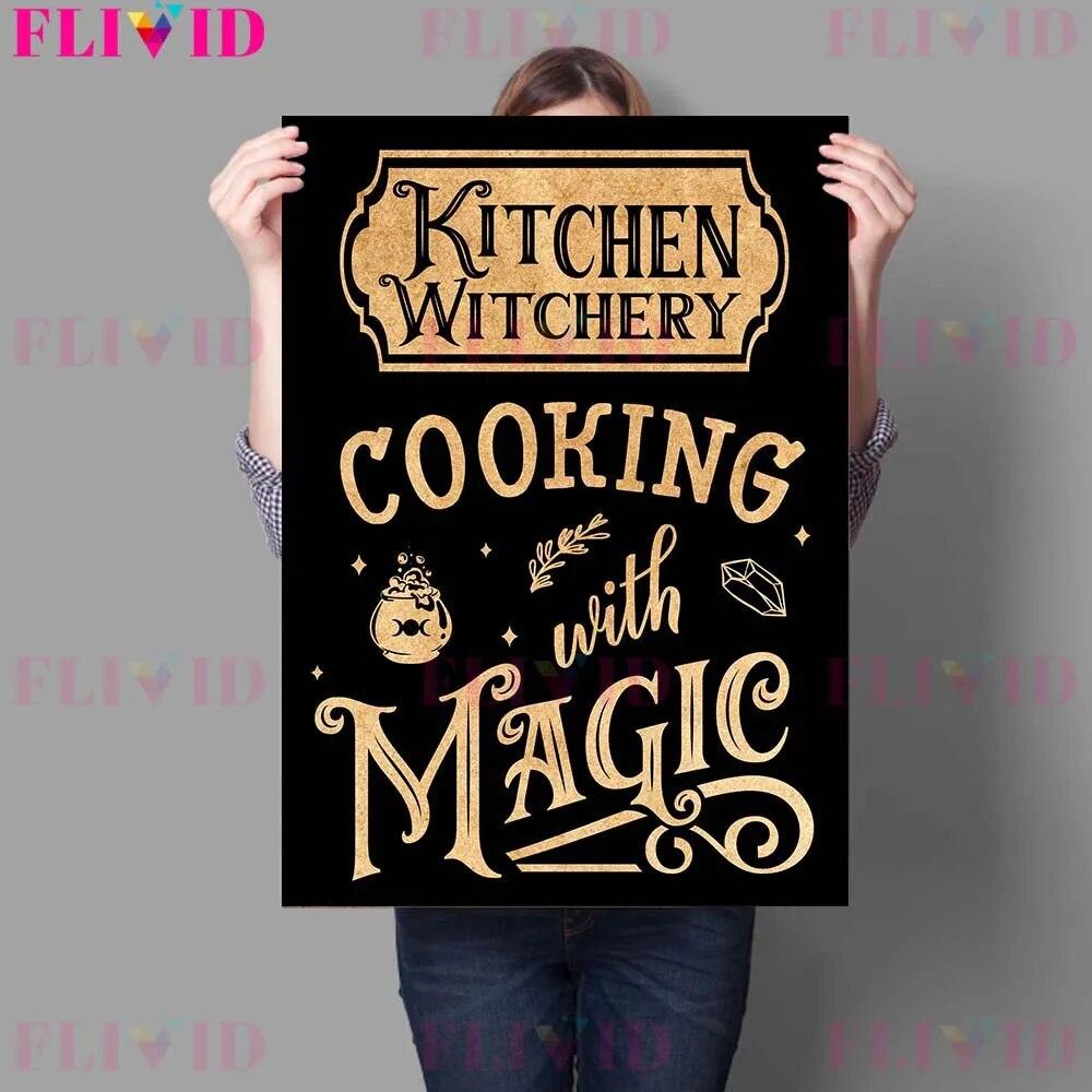 Witches Kitchen Rules And Herbs Magic Meals Vintage Wall Art Canvas Painting Magic Sign And Cats Witches Spells Poster Print No Frame