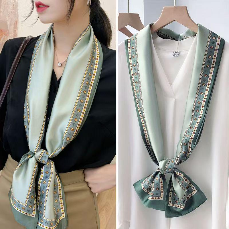 Luxury Design Women Summer Long Silk Scarf Hair Headband Foulard Skinny Bag Scarves Neckerchief Lady Shirt Decorative Streamers