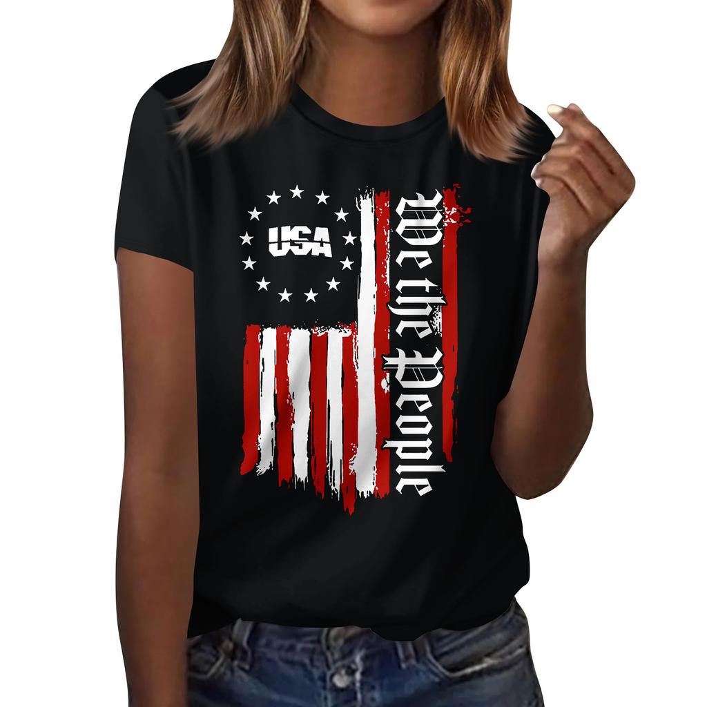 Women's Casual Independence Day Printed T-Shirt Round Neck Pullover Short Sleeve Top