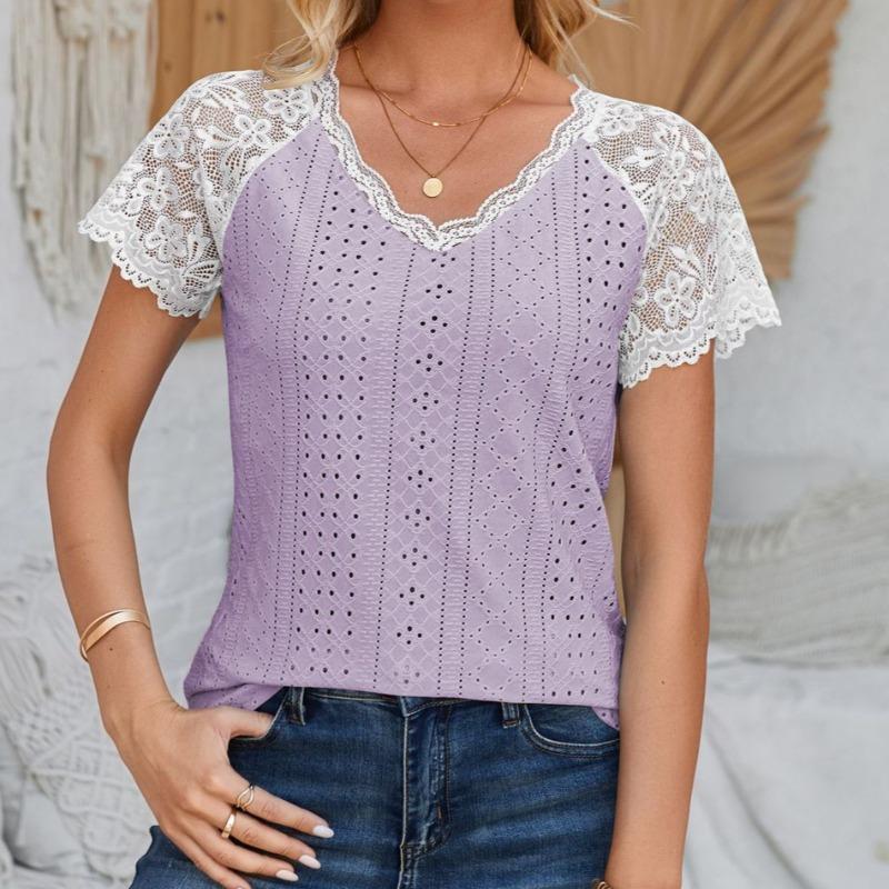 

Женская весенне-летняя футболка с V-образным вырезом, кружевной вставкой, свободного кроя, в стиле кэжуал XXL фиолетовый