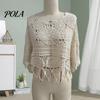 Suéter de Punto Hueco para Mujer, Tops de Ganchillo, Cuello Redondo, Mangas Acampanadas 3/4, Cubierta para el Sol de Verano, Camisa para Superponer, Bohemio