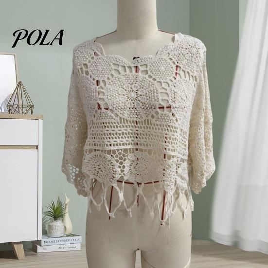 Suéter de Punto Hueco para Mujer, Tops de Ganchillo, Cuello Redondo, Mangas Acampanadas 3/4, Cubierta para el Sol de Verano, Camisa para Superponer, Bohemio