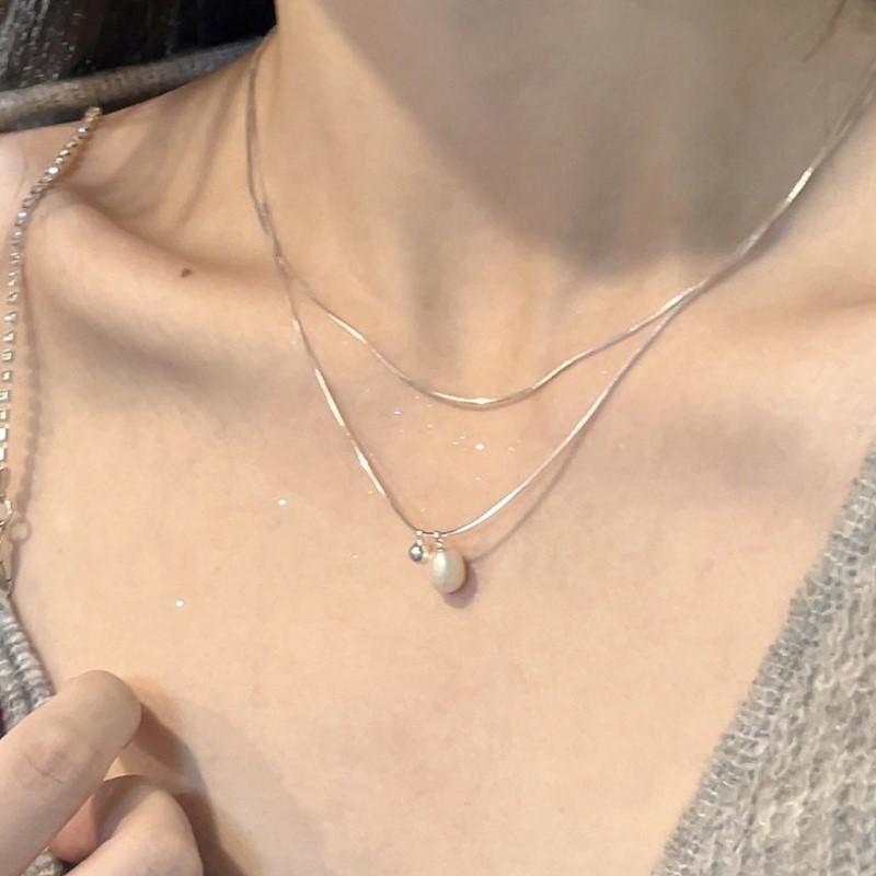 ANENJERY Sliver Color Double Layer Chain Imitation Pearl Water Drop Pendant Neckalce for Women Simple Jewelry Birthday Gifts