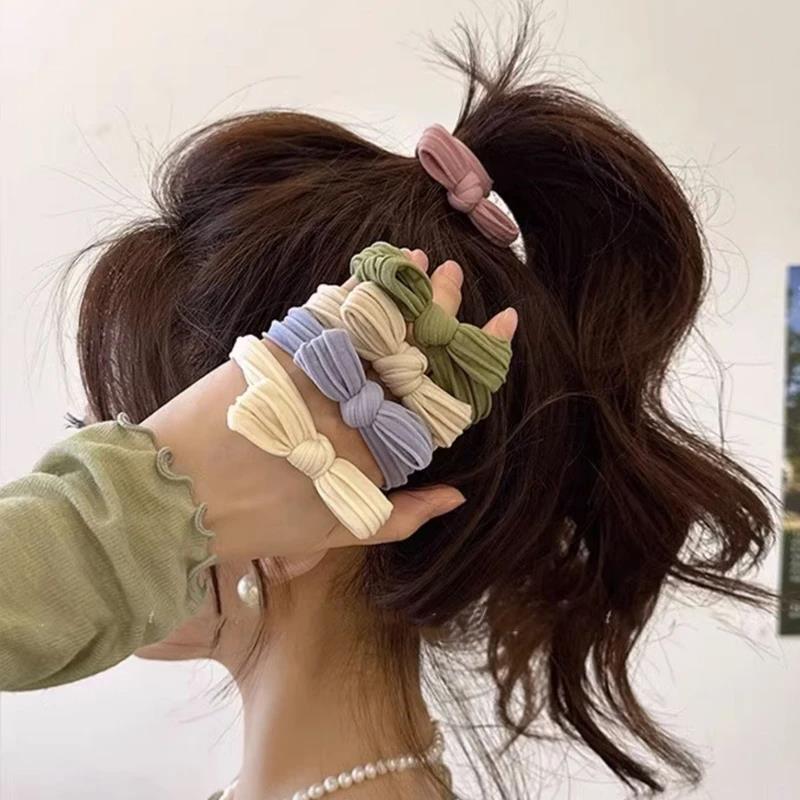5pcs/Set Simple Bow Hair Ties Ropes Colorful Elastic Seamless Ponytail Holder Rubber Band For Toddler Girls