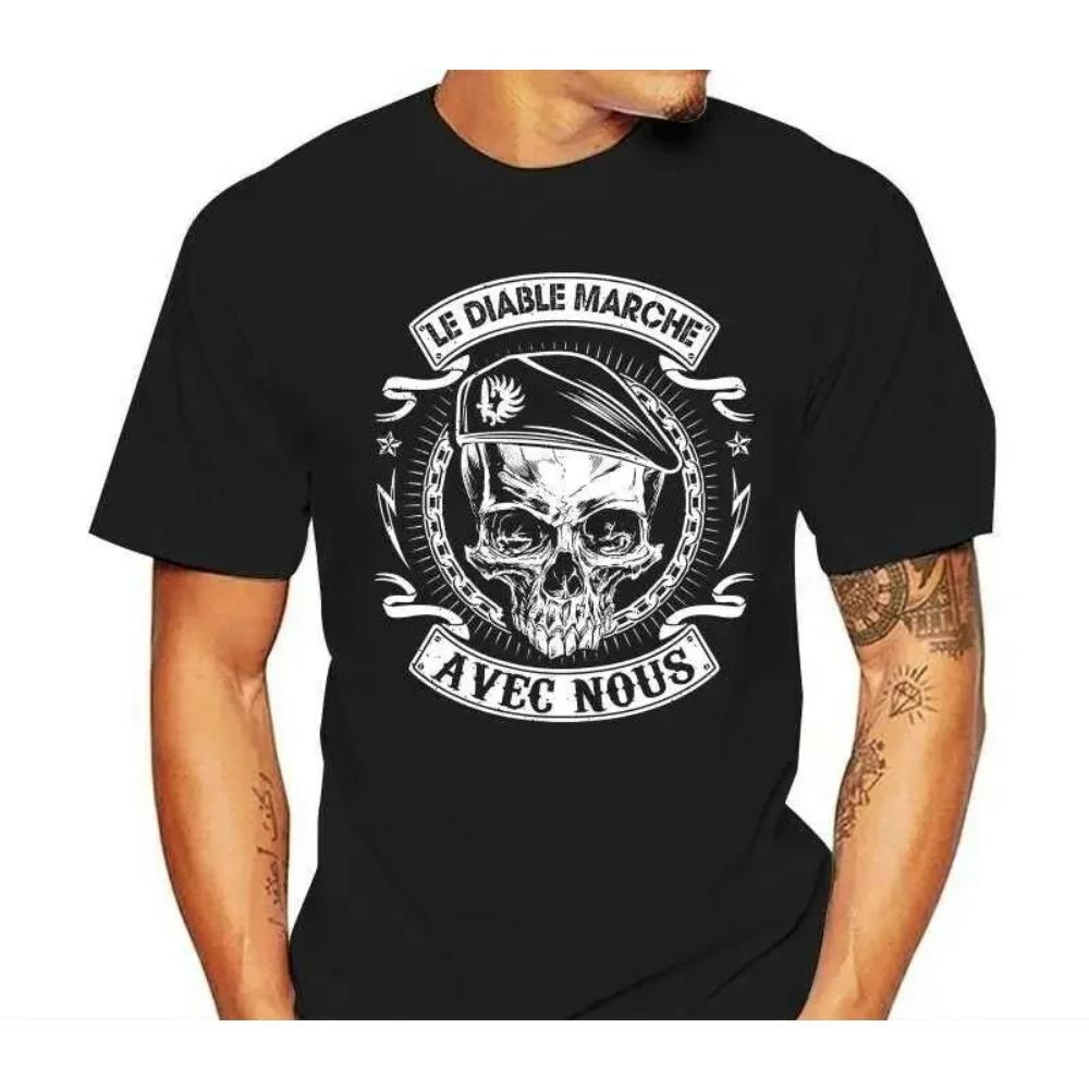 Legion Etrangere, The Devil Walk with Us. France Foreign Legion Skull T-Shirt. Premium Cotton Short Sleeve O-Neck Mens T Shirt