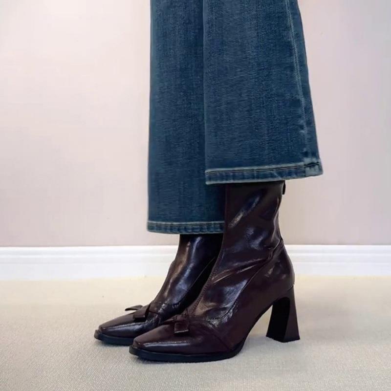 Sheepskin version~ retro bow high-heeled boots small square head temperament thick heel short boots rear zipper elastic thin boots women