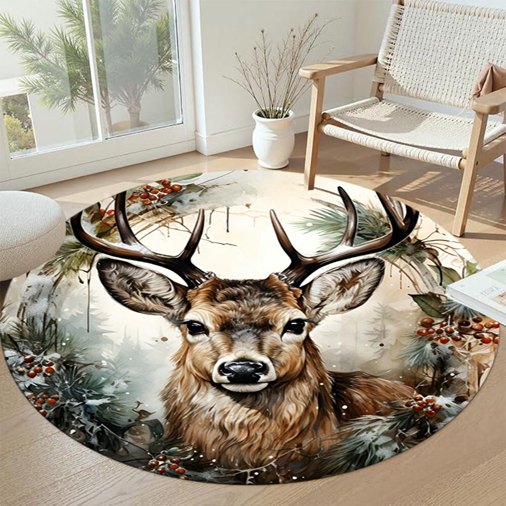 Elk Round Floor Mat Design for Dining Room Entryway Bedrooms Game Room Anti-slip Round Rug Decorate Offices Perfect Gift for Friends Family