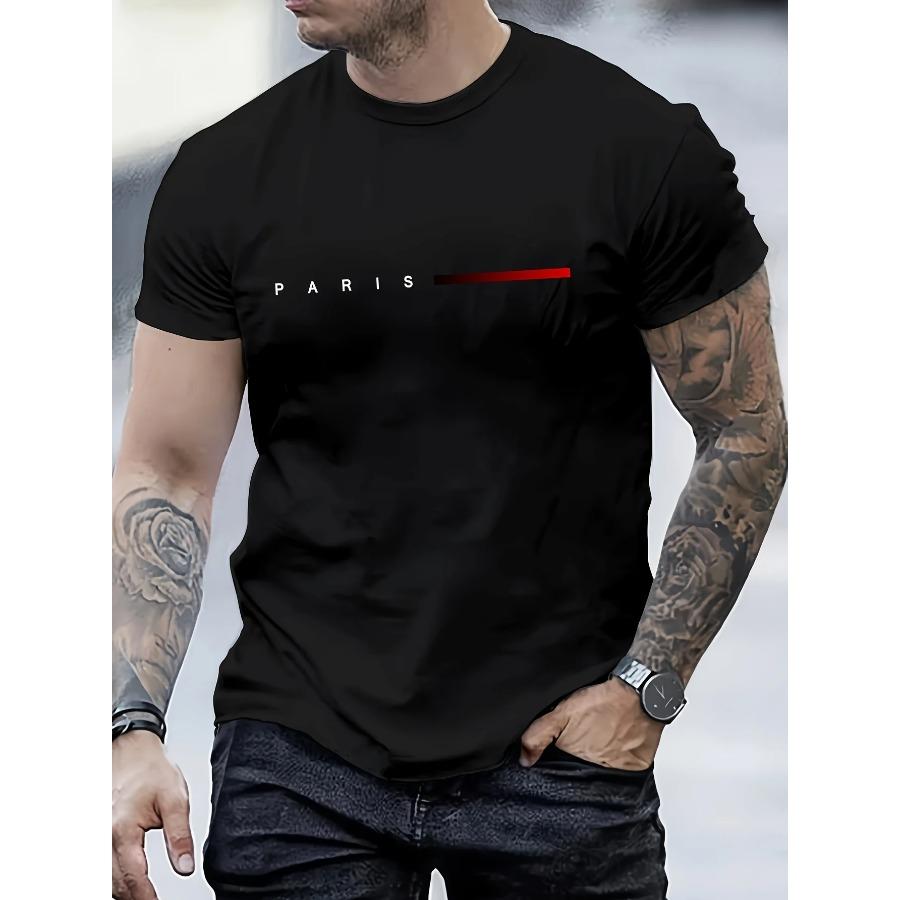 Men's 100% Cotton Summer Loose PARIS Creative Letter Print Casual Slim Fit Round Neck Short Sleeved T-shirt Top Cotton Comfortable Male Clothing