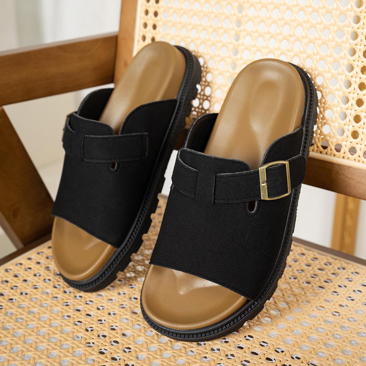 

2025 foreign trade large size solid color thick-soled slippers women s 2025 new fashion belt buckle flat-bottomed cool slippers 35 чёрный