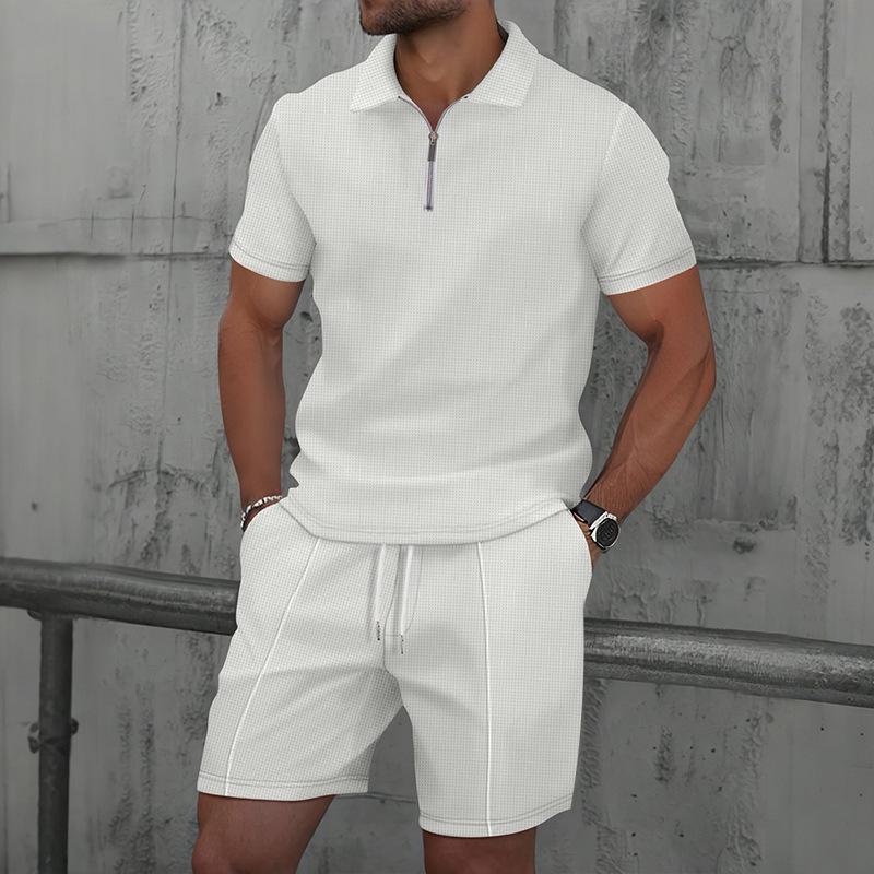 Waffle Texture Trendy Lapel Polo and Shorts Men s Casual Sports Set - Short Sleeve Medium белый