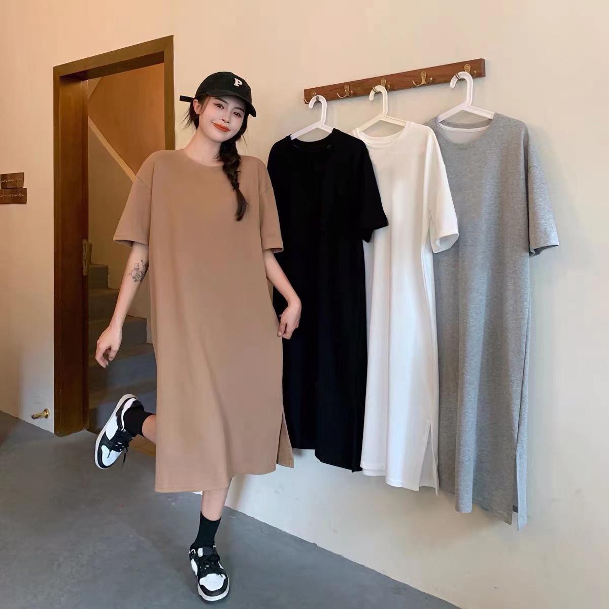 

Women s Large Short-Sleeve Casual Summer Dress 2023 - Loose, Solid Color, Knee-Length Slit T-Shirt Style M чорний